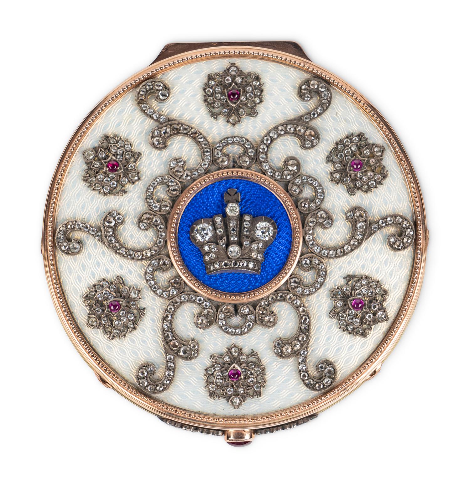 A 14 Karat Vari-Color Gold, Guilloché Enamel, Diamond, and Cabochon Jewel-Mounted Snuff Box