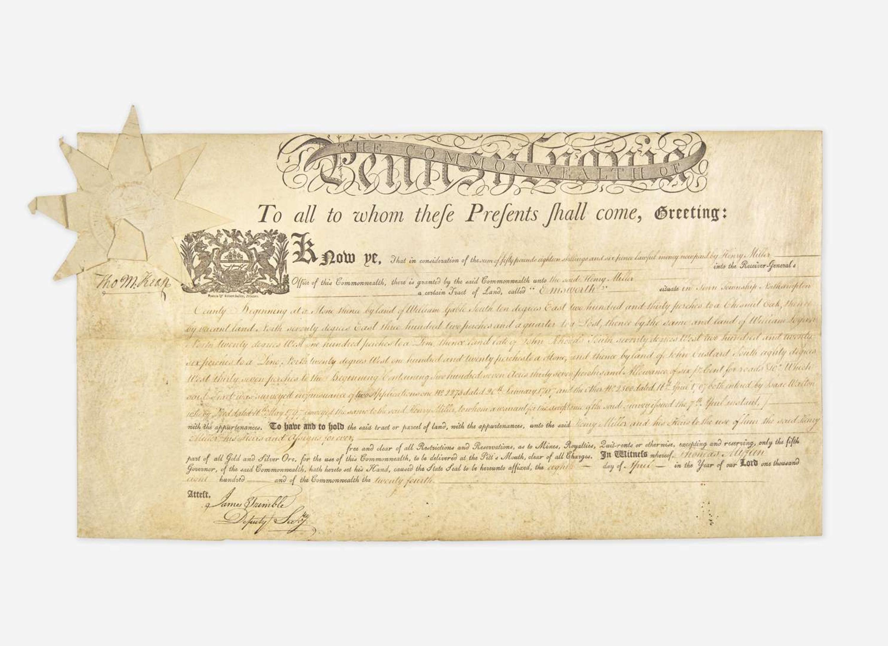 [Americana] [Declaration of Independence] McKean, Thomas: Partially-Printed Document, signed