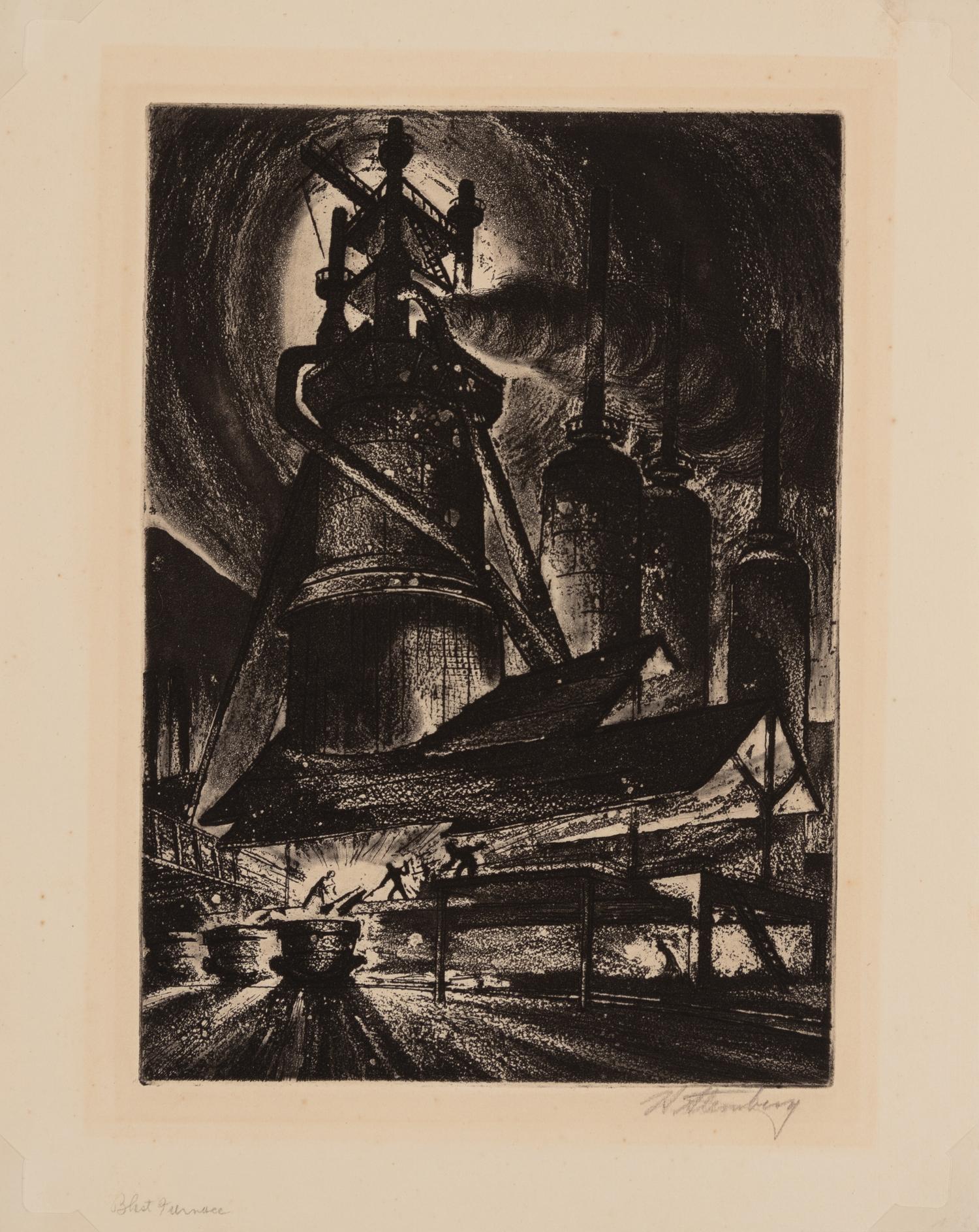 A group of three prints ( Blast Furnace; Enough; Locomotives )