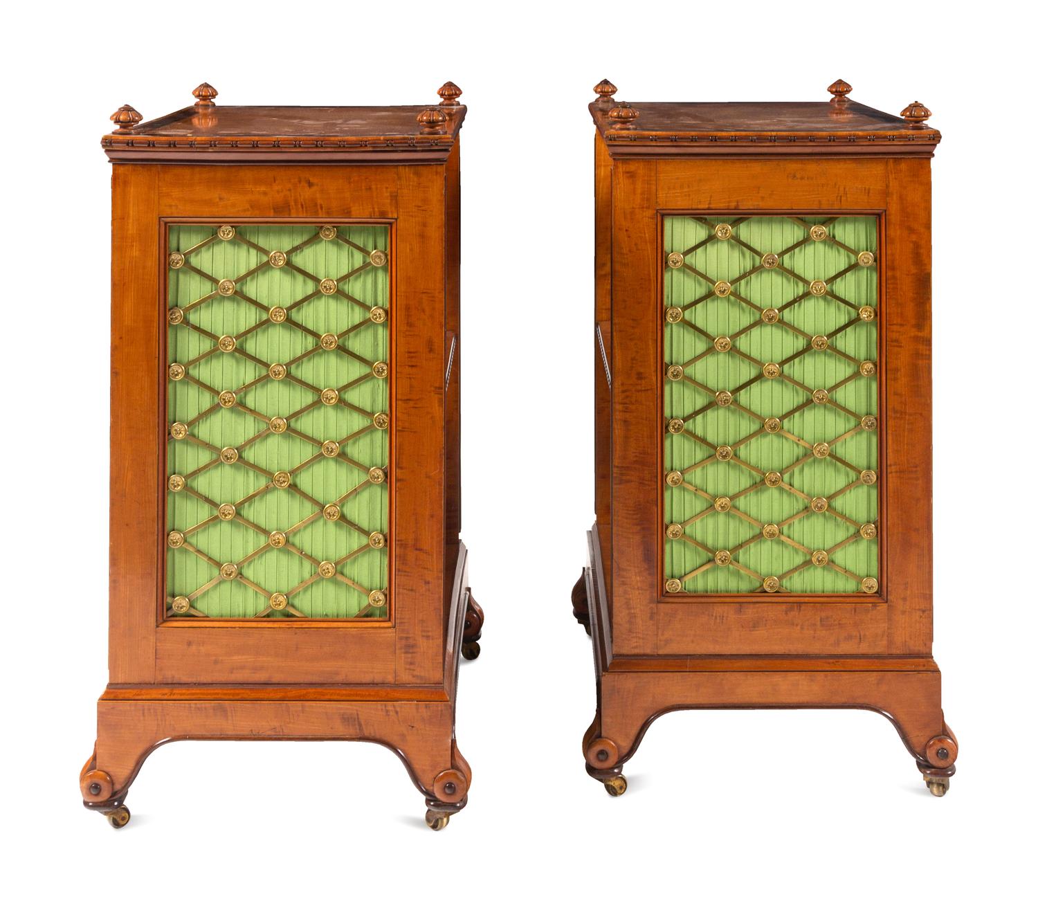 A Pair of Regency Revival Ormolu Mounted Satinwood and Amaranth-Inlaid Bookcases