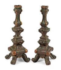 A Pair of Venetian Painted and Parcel Gilt Prickets