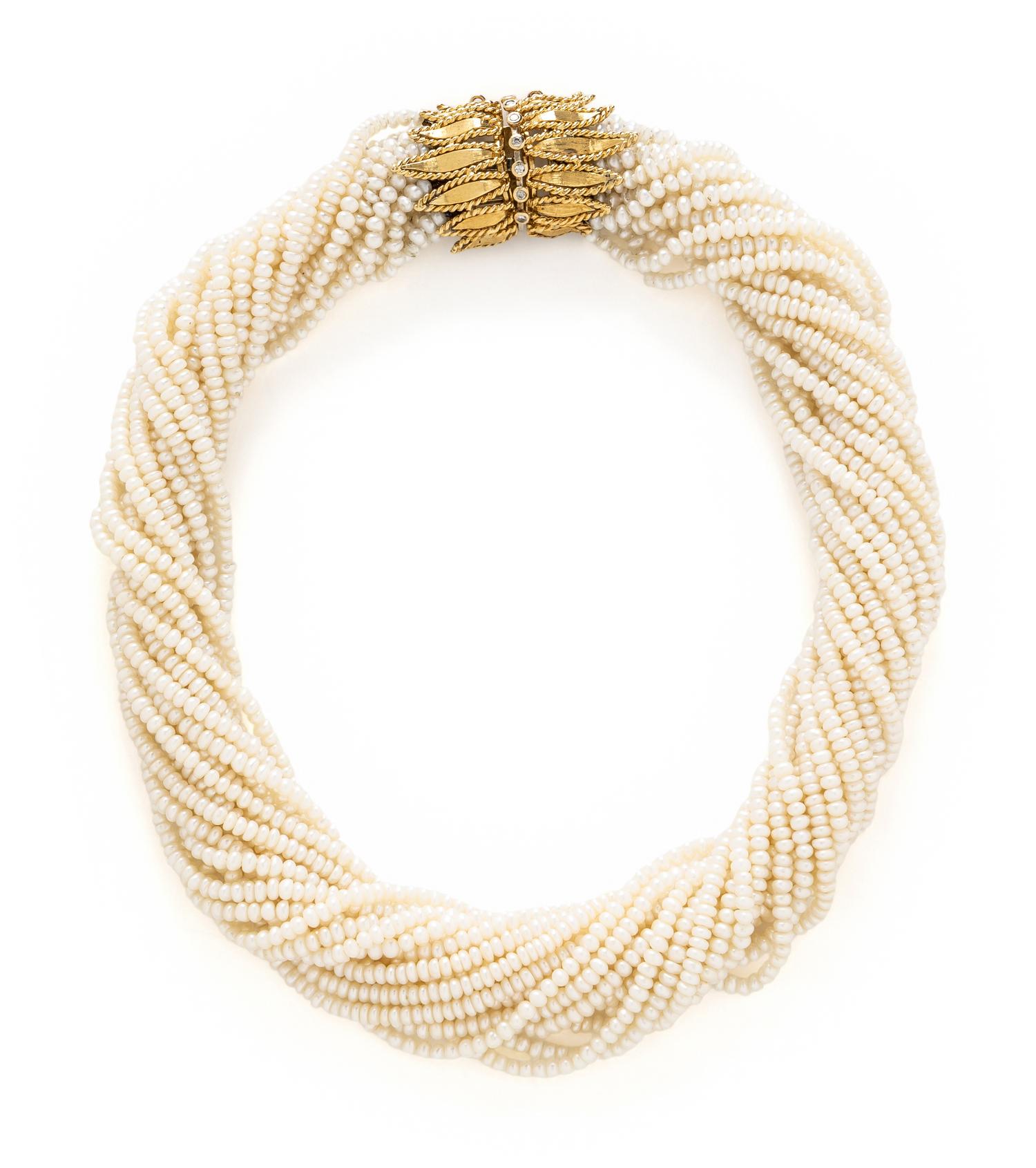 YELLOW GOLD AND SEED PEARL TORSADE NECKLACE