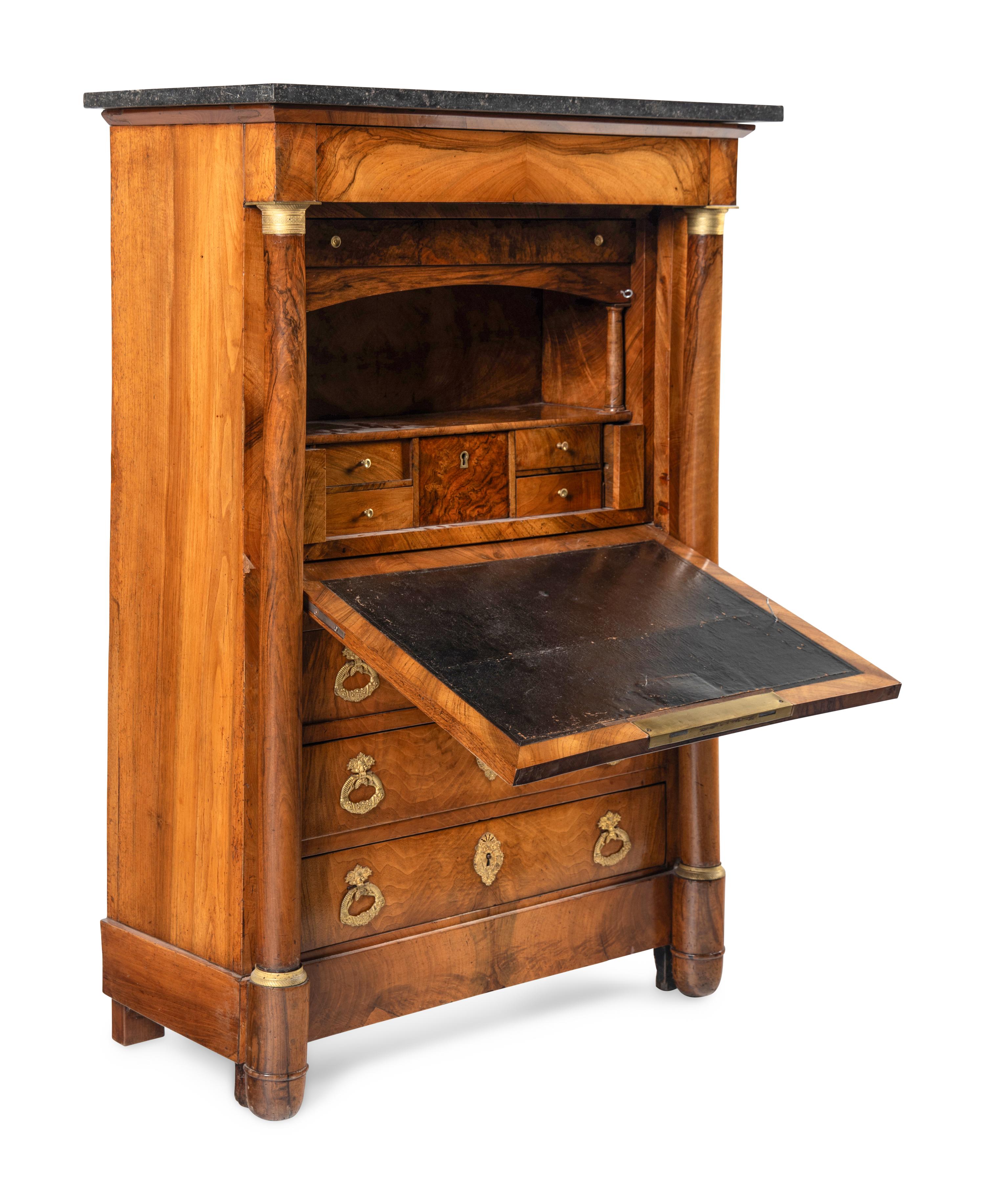 An Empire Style Gilt-Bronze Mounted Walnut Marble-Top Secrétaire à Abbatant