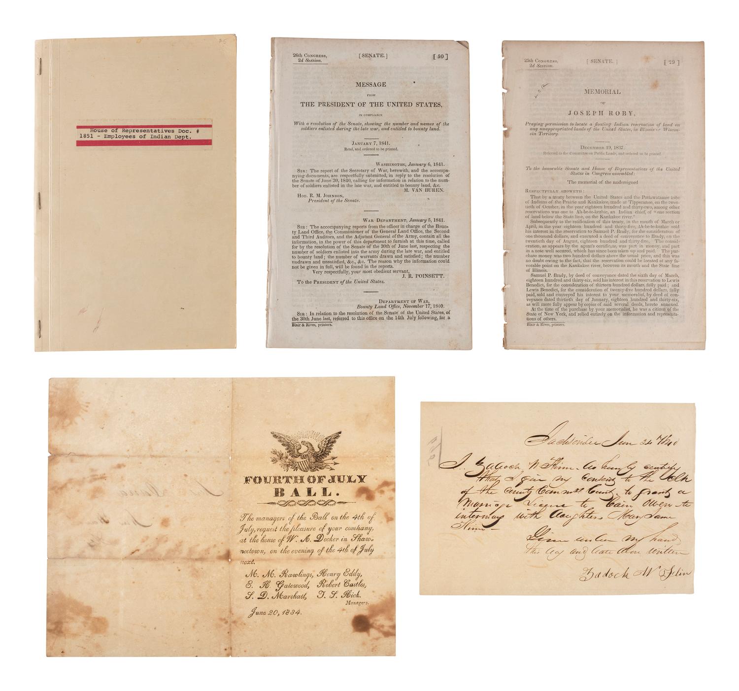 [INDIAN WARS]. A group of pamphlets and documents related to Indian Wars and Indian policy of the 1830s and 1840s, including: