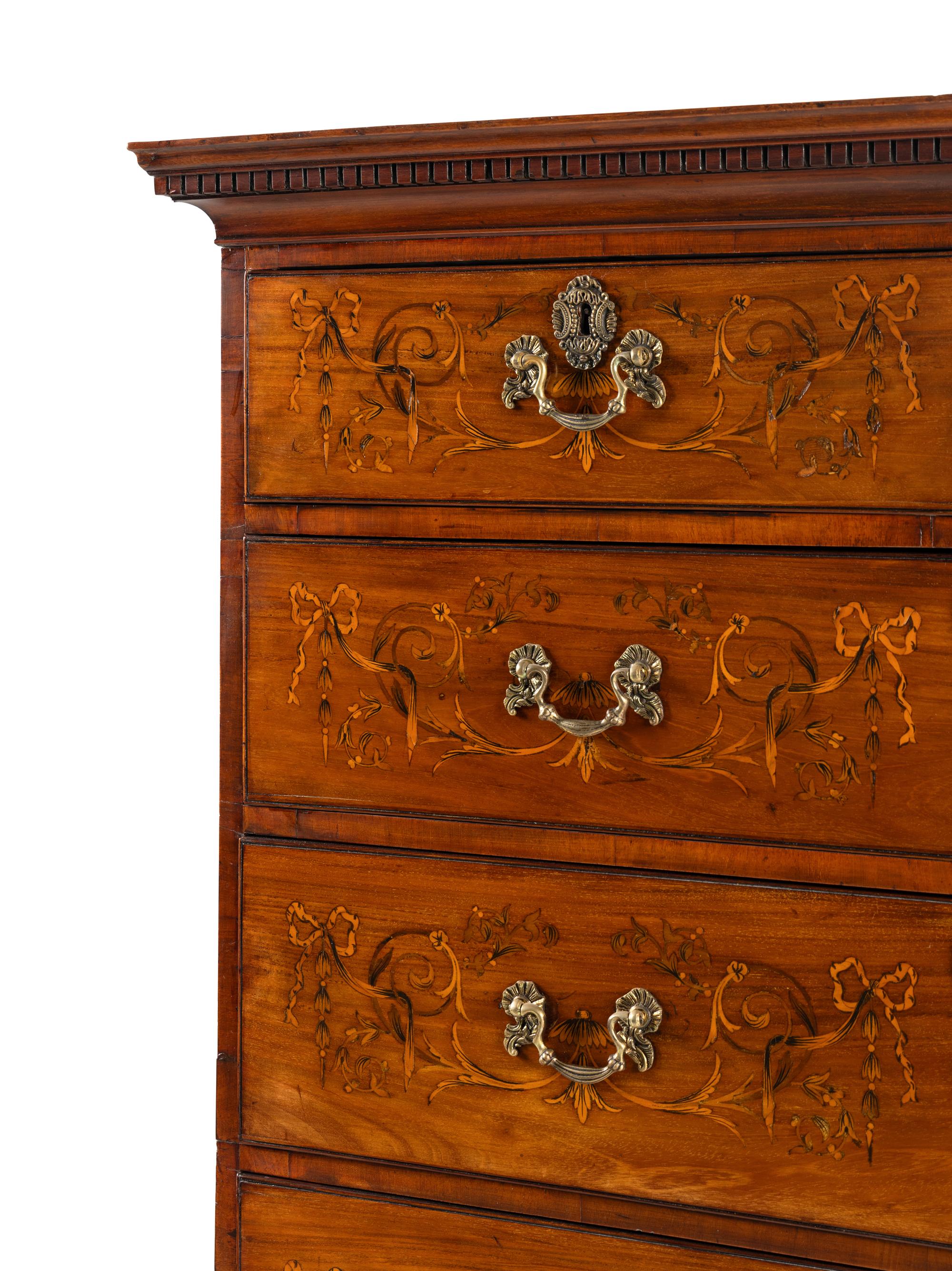 An English Mahogany, Marquetry and Penwork Chest-on-Stand