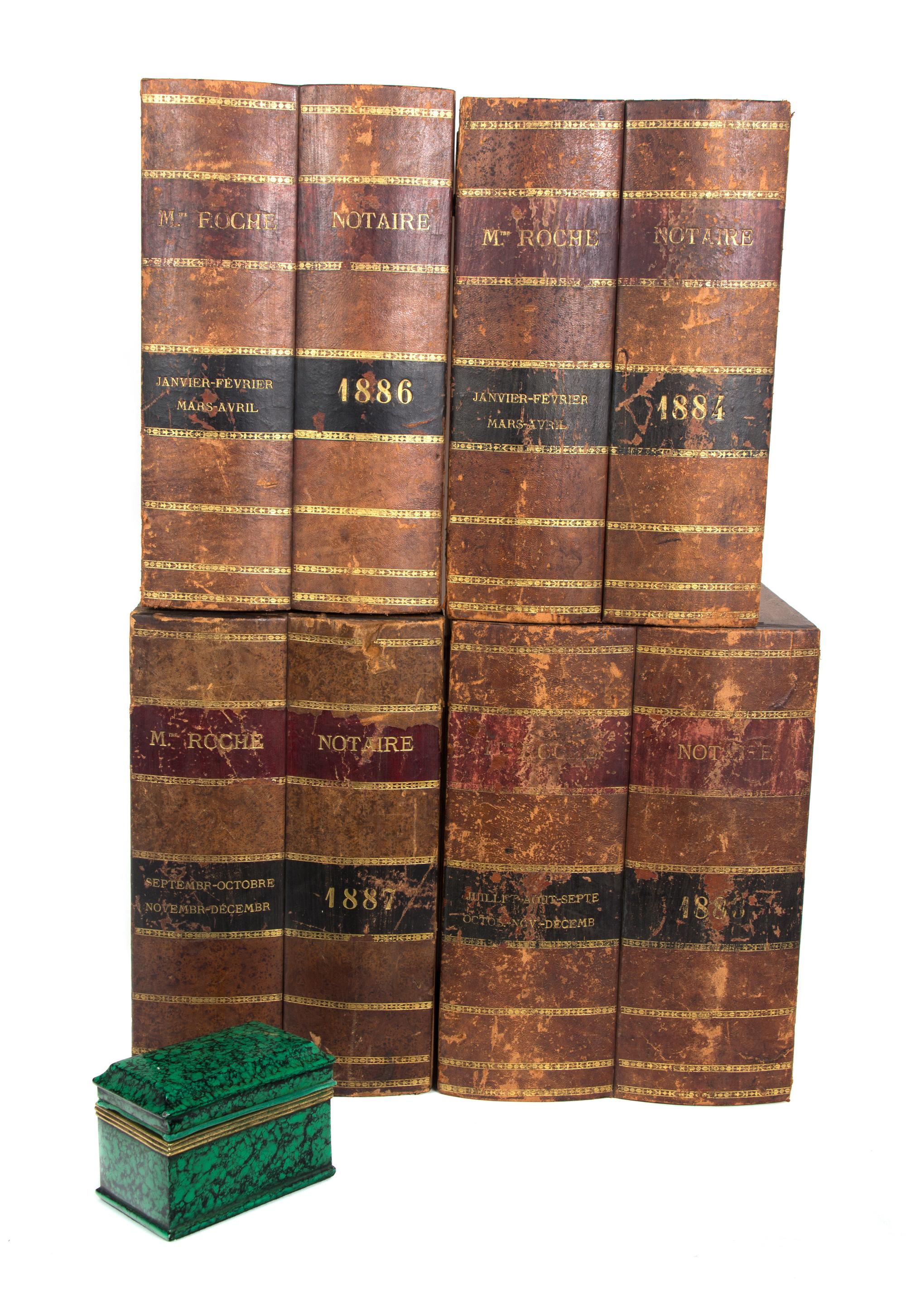Four Leather Bound Book-Form Boxes Height of malachite box 3 3/4 inches.