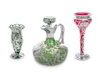 Three Silver Overlay Glass Articles Height of tallest 7 inches. — 19TH/20TH CENTURY