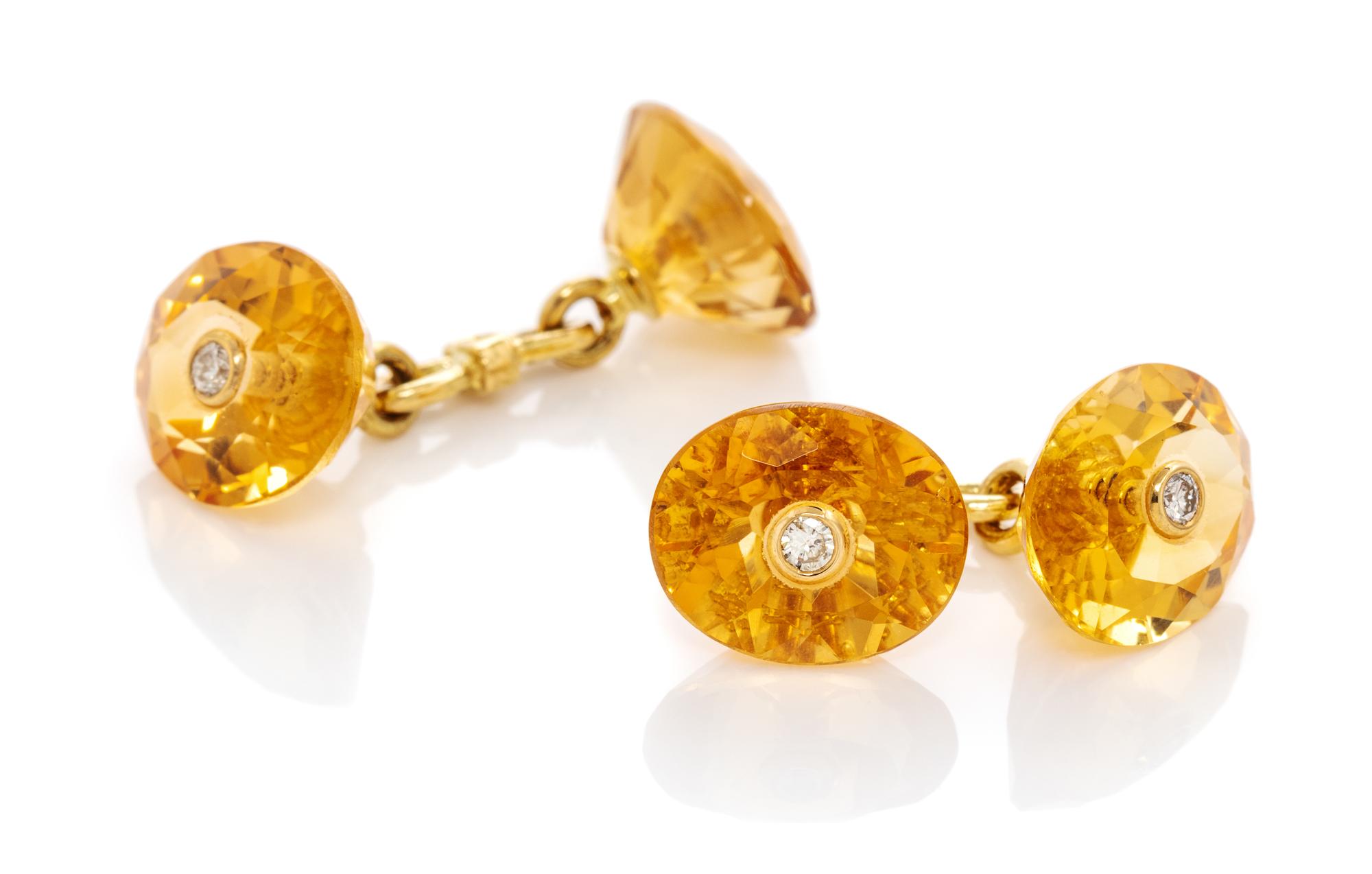 A Pair of 18 Karat Yellow Gold, Citrine and Diamond Cufflinks, 3.80 dwts.