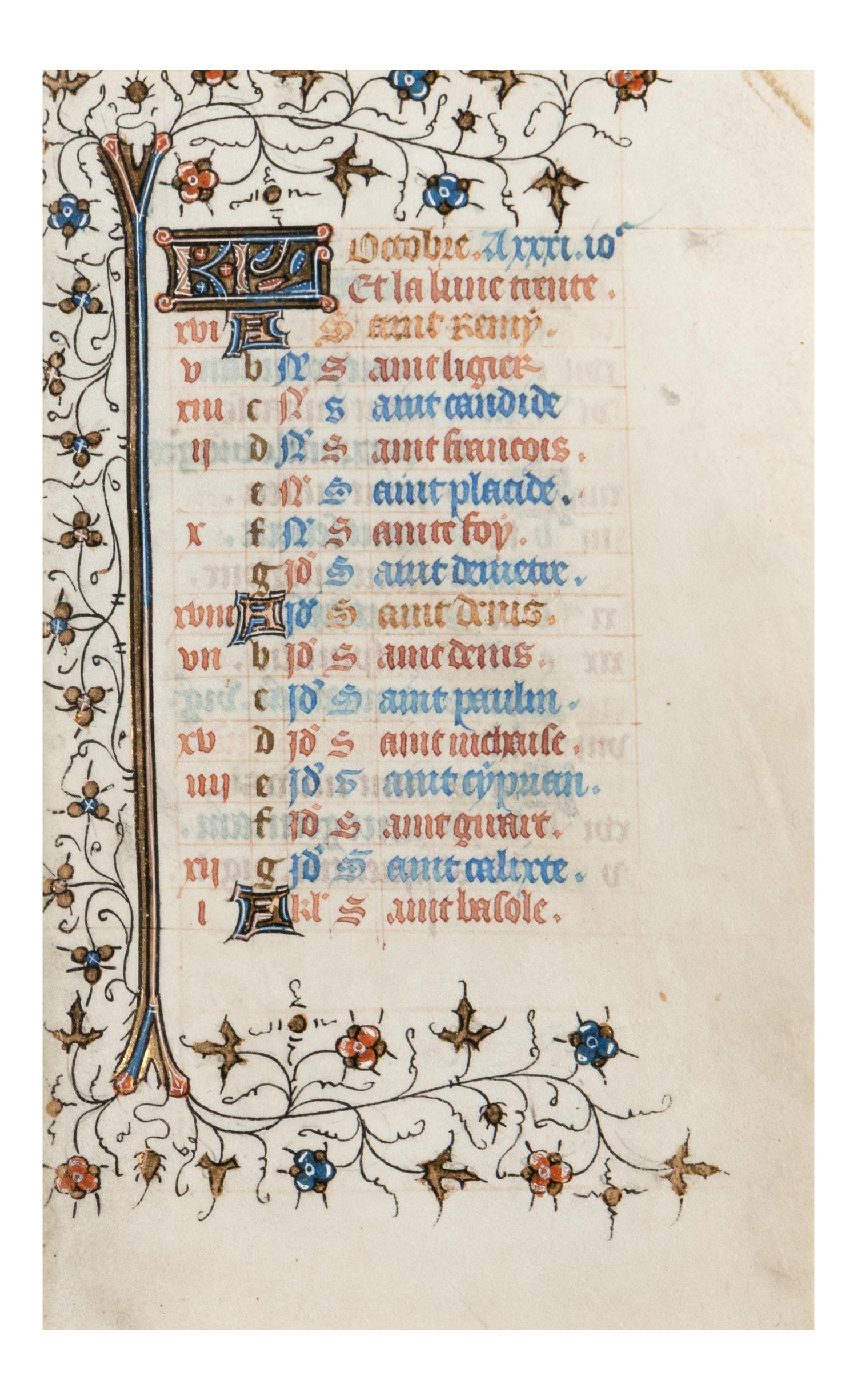 Two leaves from Books of Hours, a calendar for October and a litany [France, first half of the fifteenth century]