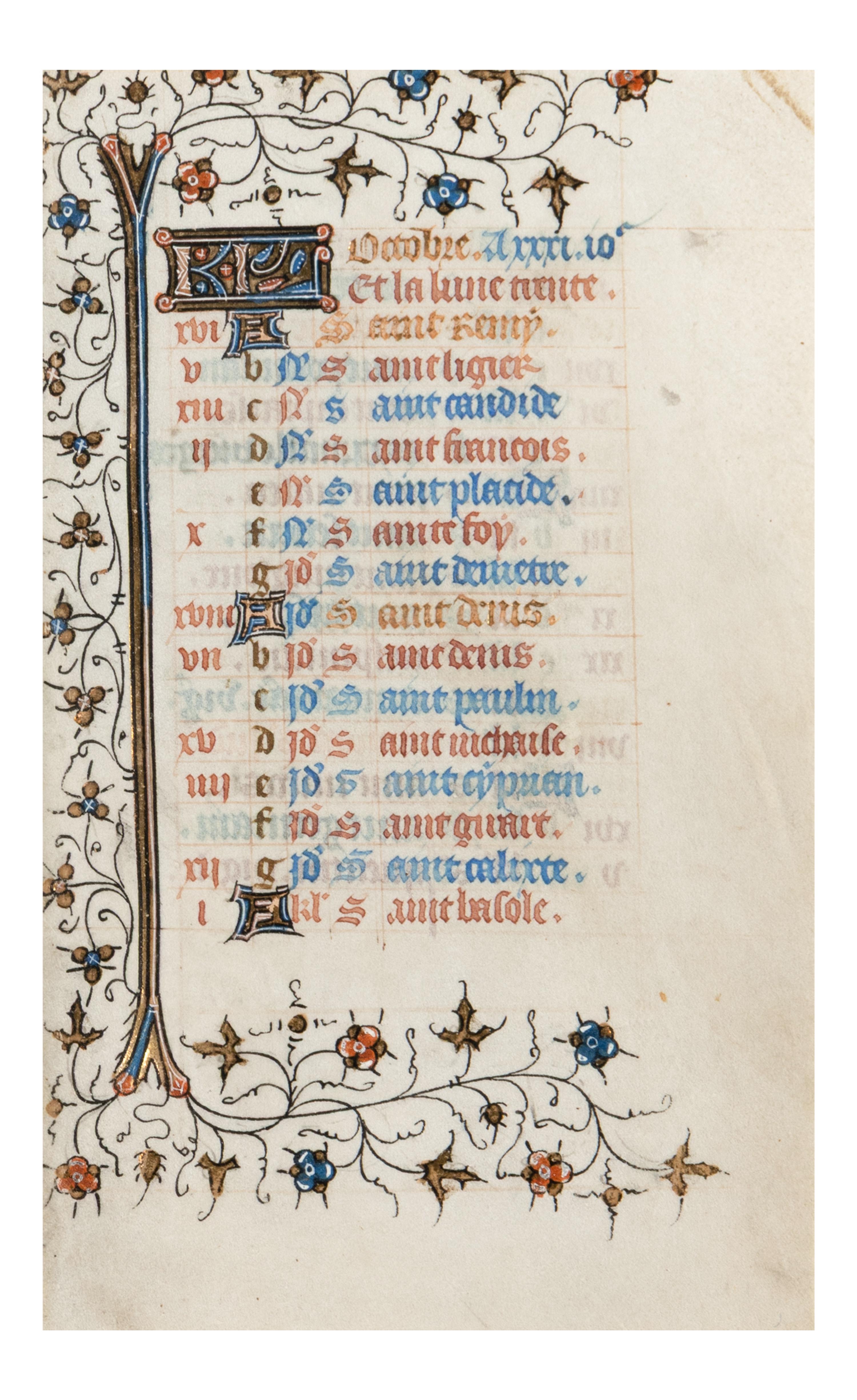 Two leaves from Books of Hours, a calendar for October and a litany [France, first half of the fifteenth century]