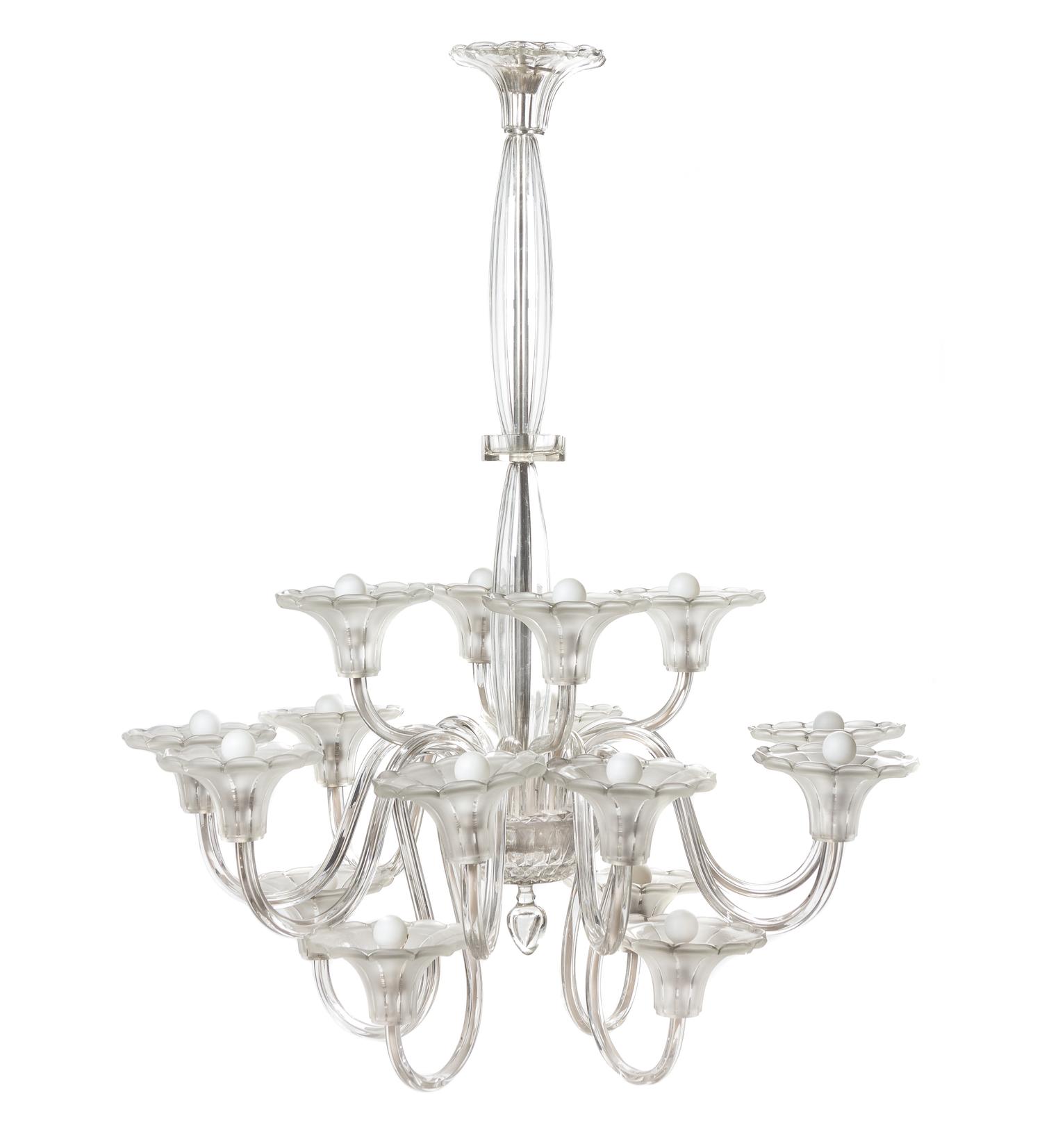 A Venetian Glass Sixteen-Light Chandelier, Height 49 x diameter 40 inches.