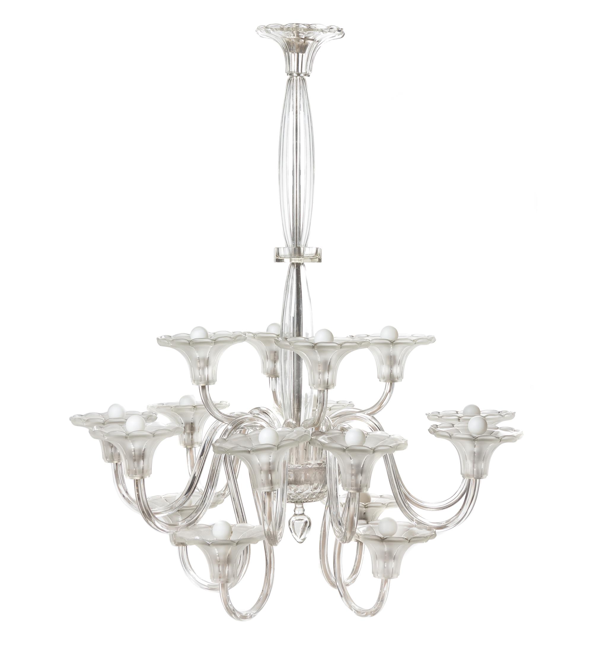 A Venetian Glass Sixteen-Light Chandelier, Height 49 x diameter 40 inches.
