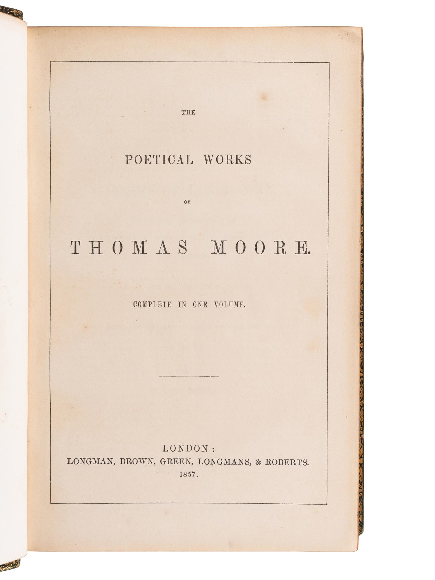[BINDINGS -- FORE-EDGE PAINTINGS]. MOORE, Thomas (1779-1852). Poetical Works. London: Longman, Brown, Green, Longmans, & Roberts, 1857.