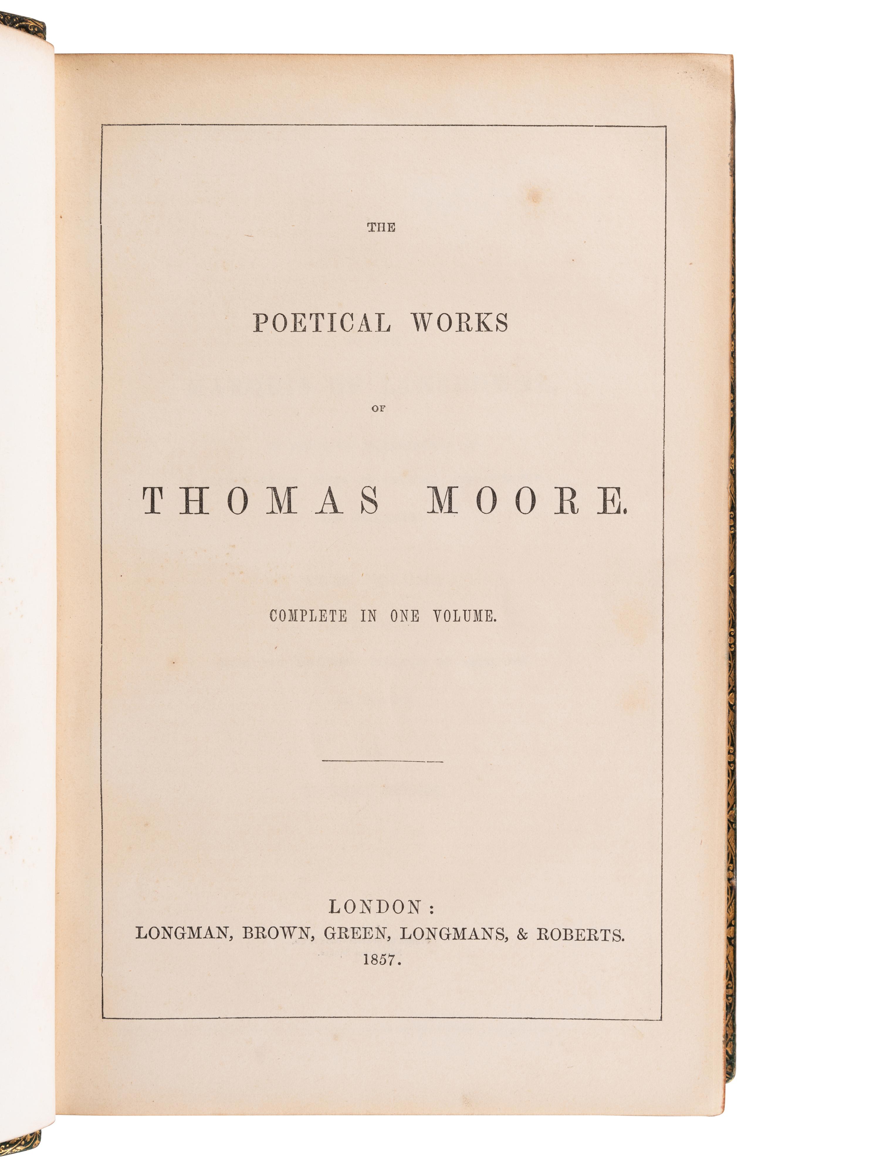 [BINDINGS -- FORE-EDGE PAINTINGS]. MOORE, Thomas (1779-1852). Poetical Works. London: Longman, Brown, Green, Longmans, & Roberts, 1857.