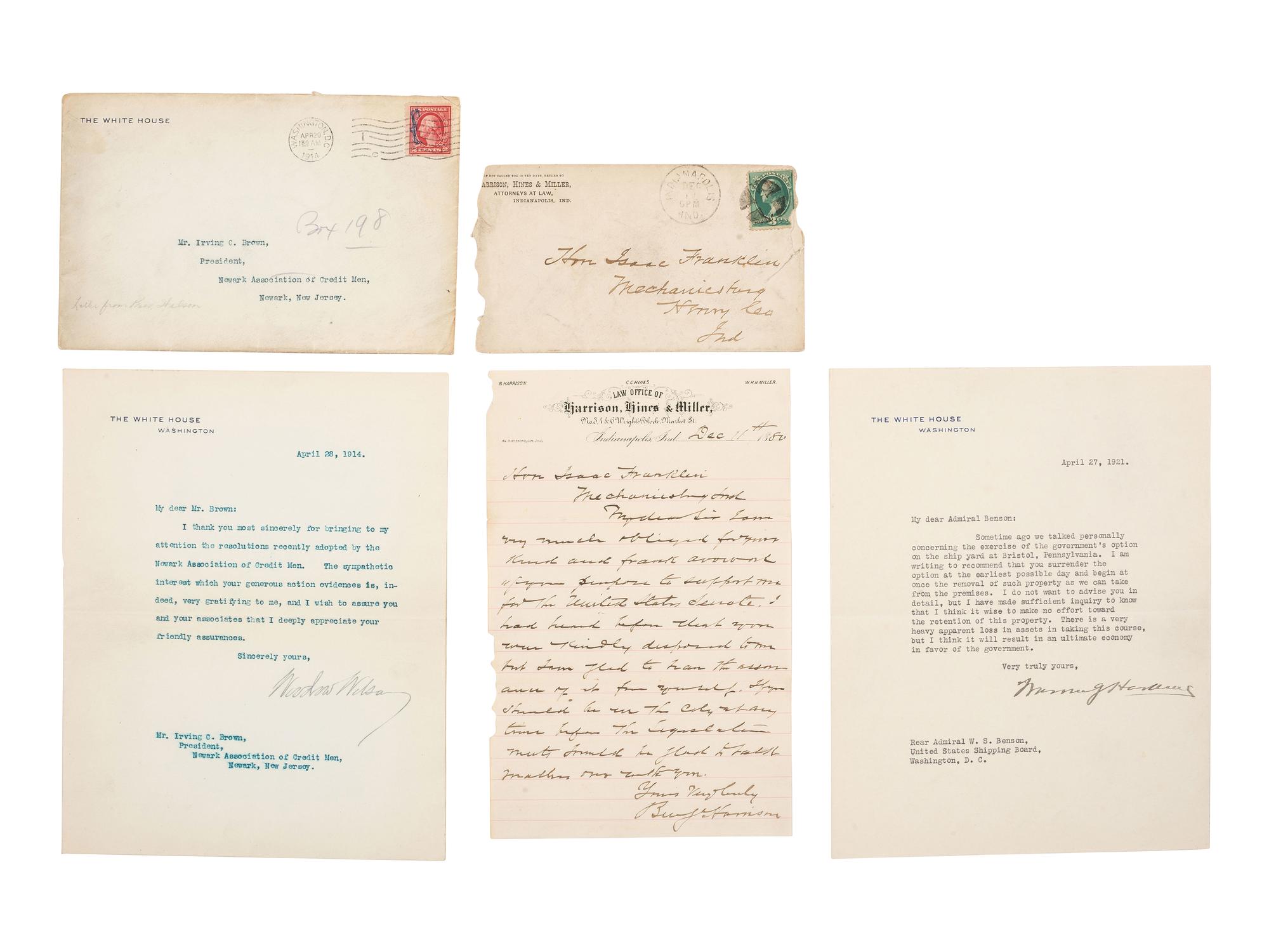 [POLITICS]. 3 letters signed by Benjamin HARRISON, Woodrow WILSON, & Warren G. HARDING.