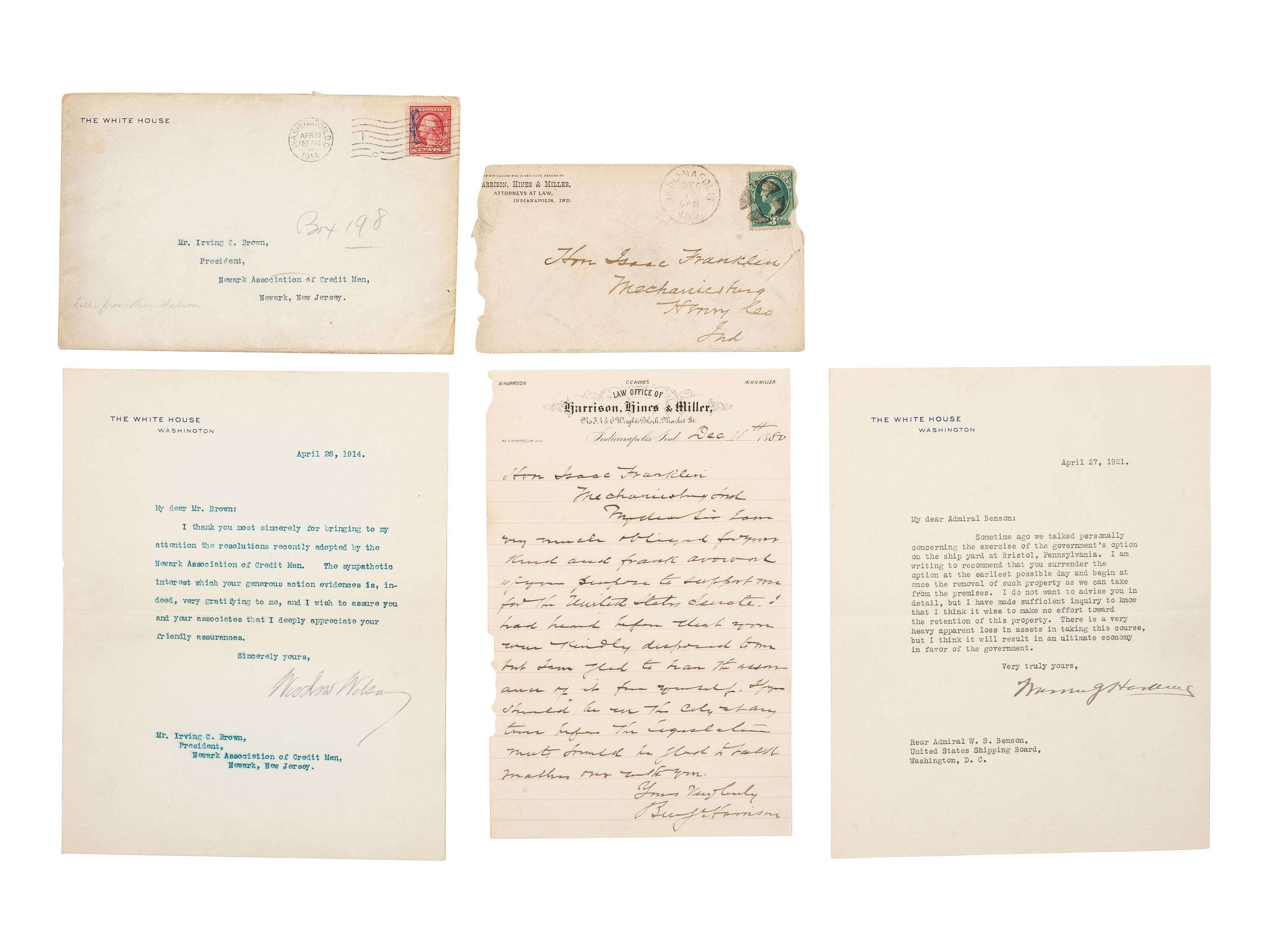 [POLITICS]. 3 letters signed by Benjamin HARRISON, Woodrow WILSON, & Warren G. HARDING.
