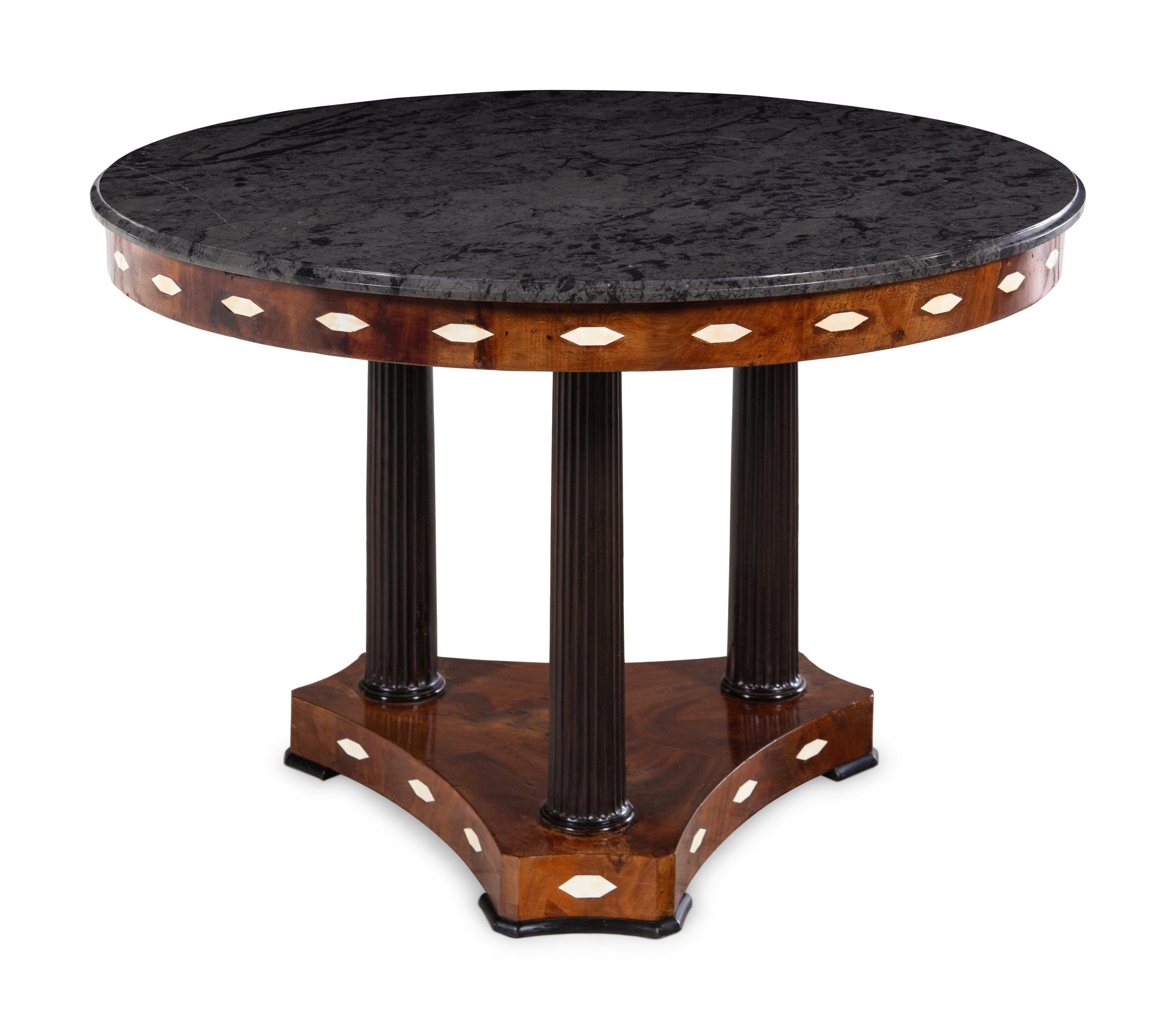 An Austrian Inlaid Mahogany and Ebony Marble-Top Center Table