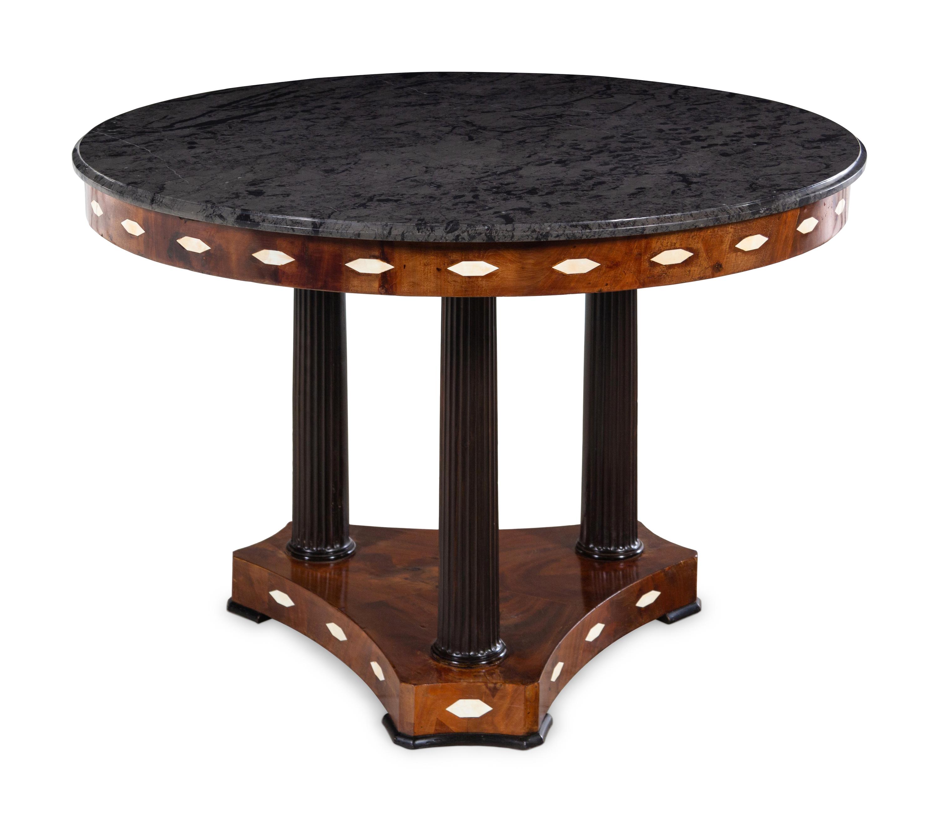 An Austrian Inlaid Mahogany and Ebony Marble-Top Center Table