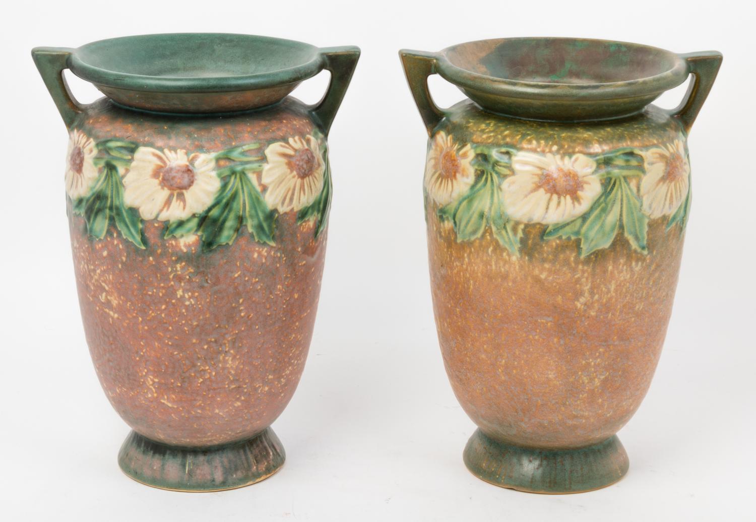A Pair of Roseville Dahlrose Pottery Vases. Height 12 1/4 inches.