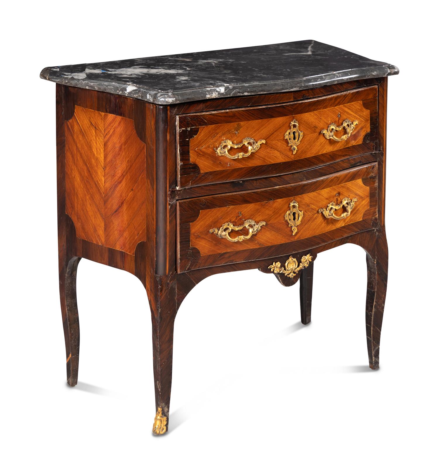 A Transitional Gilt Bronze Mounted Kingwood and Fruitwood Marble-Top Commode