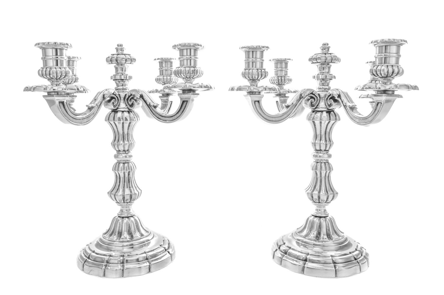 A Pair of French Silver-Plate Four-Light Candelabra, Christofle & Cie, Paris, 19th Century, each having a baluster form stem issuing sc