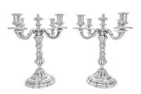 A Pair of French Silver-Plate Four-Light Candelabra, Christofle & Cie, Paris, 19th Century, each having a baluster form stem issuing sc