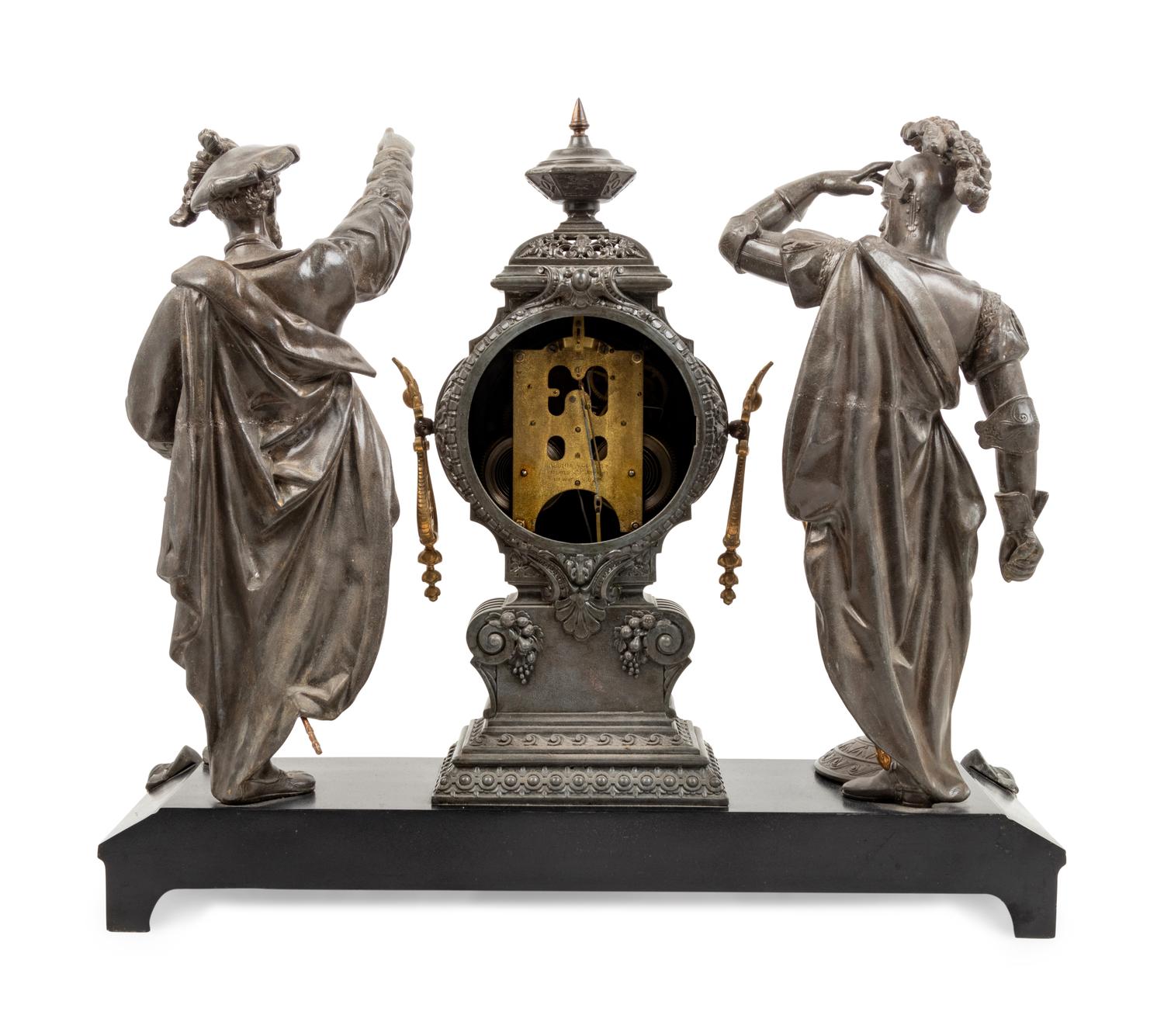 An Ansonia Pizarro & Cortez Silvered Metal Mantel Clock