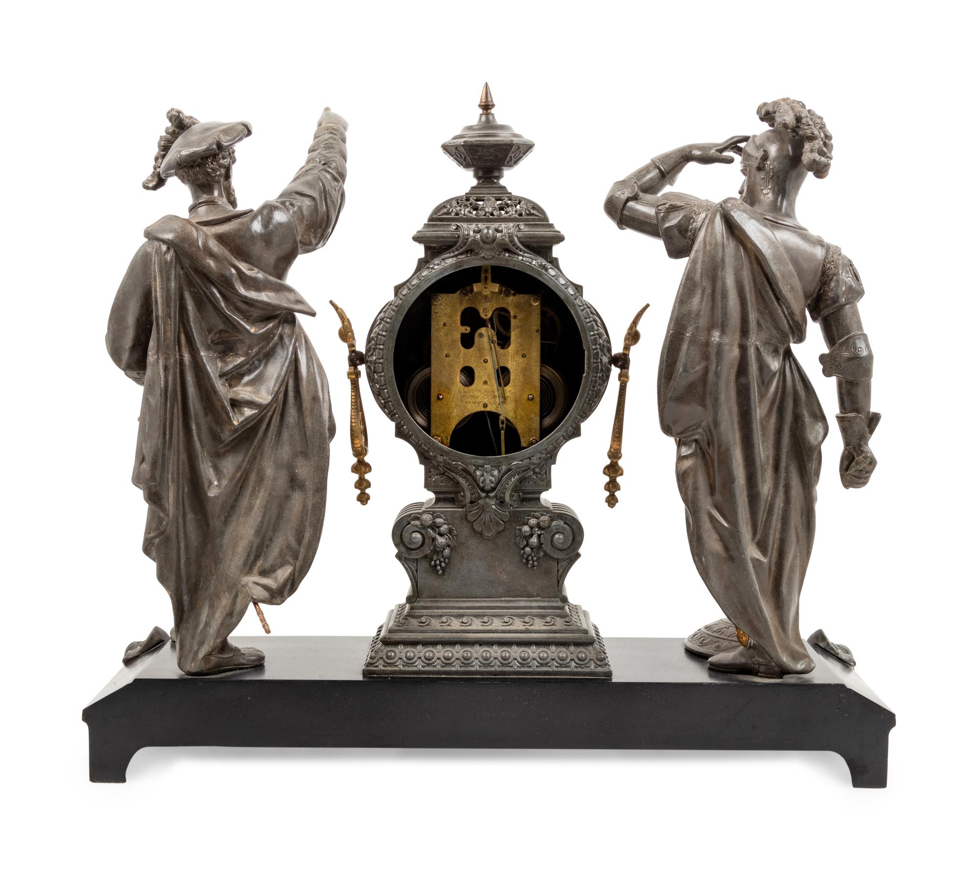 An Ansonia Pizarro & Cortez Silvered Metal Mantel Clock