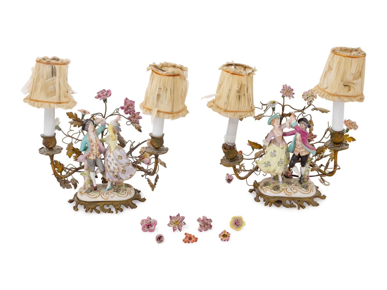 A Pair of Continental Porcelain Figural Groups Mounted as Lamps
