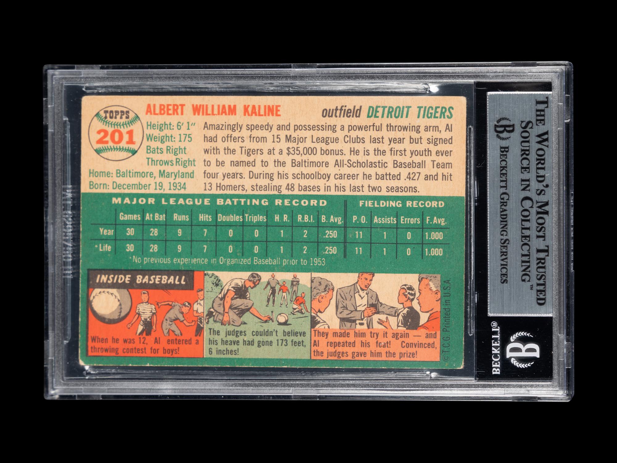 A 1954 Topps Al Kaline Signed Autograph Rookie Card No. 201 (Beckett Authentication Services BAS Certified)