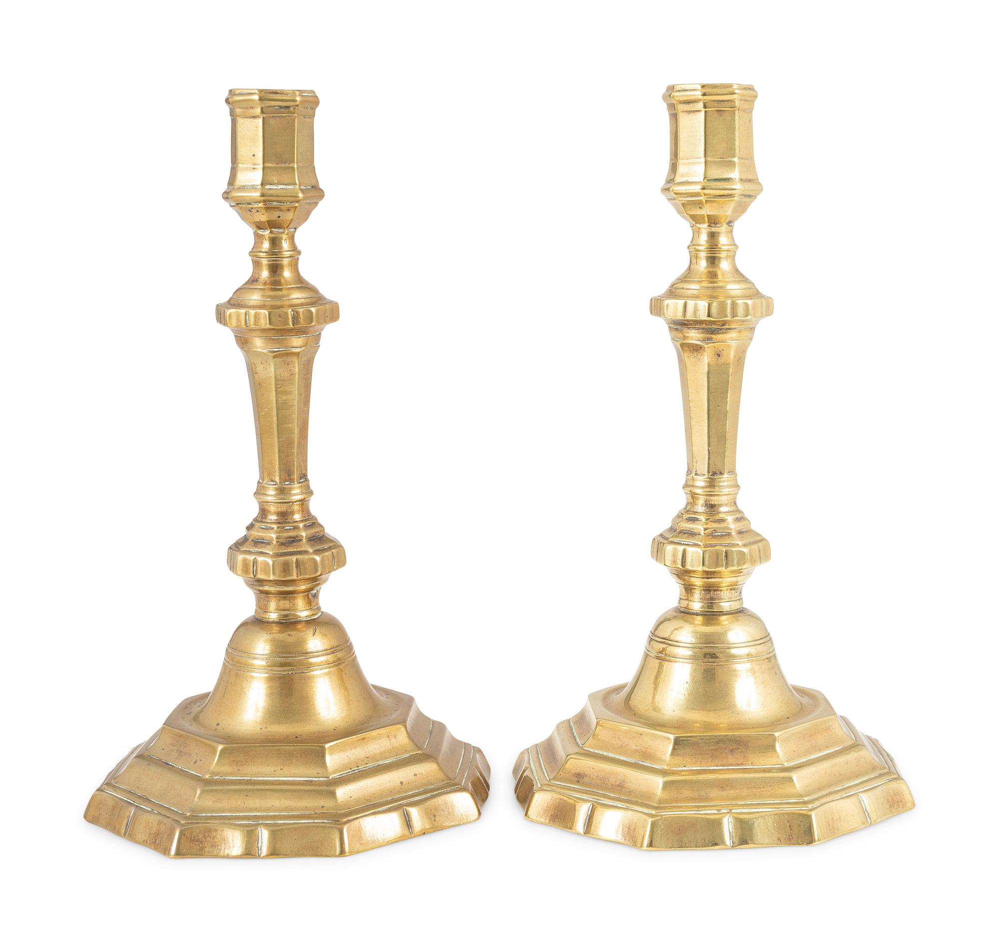 A Pair of French Cast Brass Octagonal Candlesticks