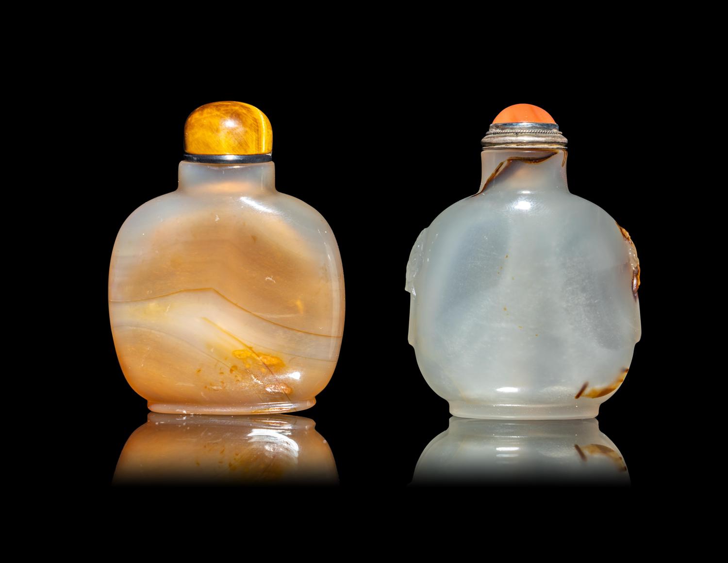 Two Chinese Carved Carved Agate Snuff Bottles