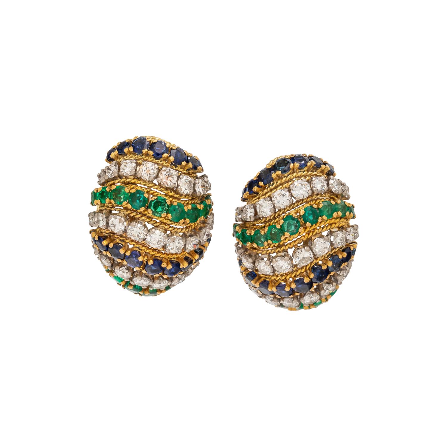 YELLOW GOLD, DIAMOND, EMERALD AND SAPPHIRE EARRINGS