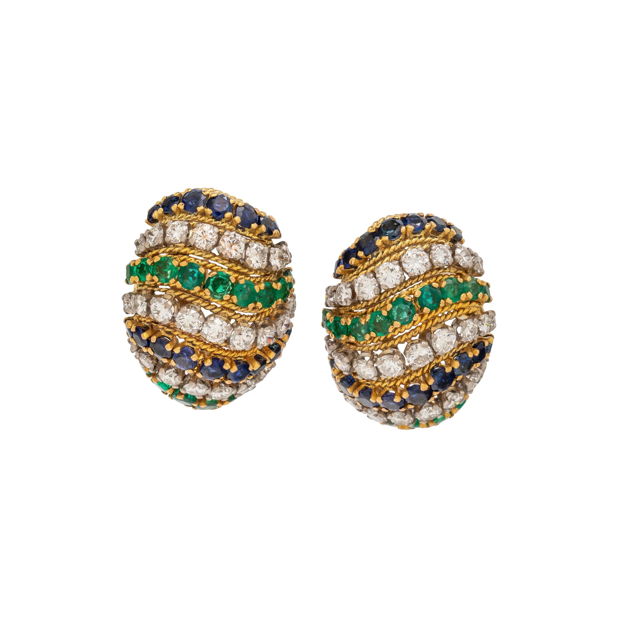 YELLOW GOLD, DIAMOND, EMERALD AND SAPPHIRE EARRINGS