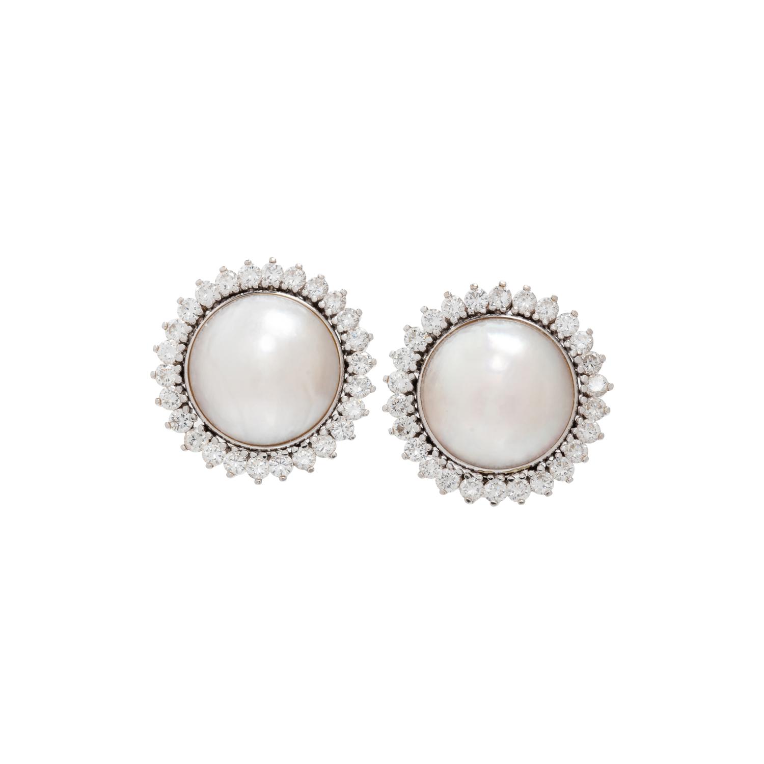 CULTURED MABE PEARL AND DIAMOND EARCLIPS