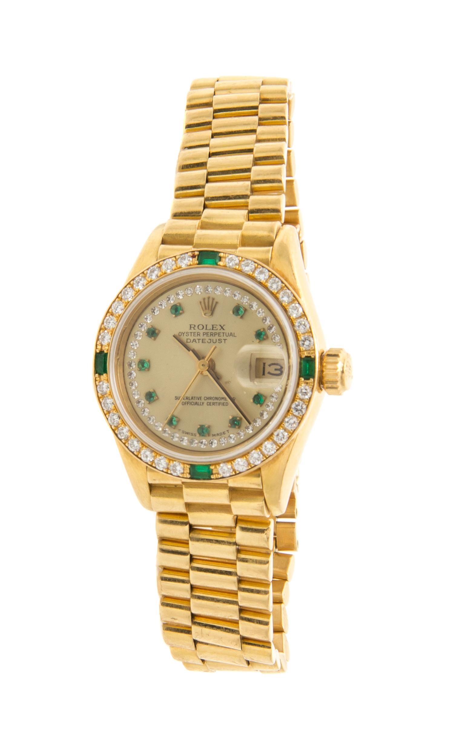 An 18 Karat Yellow Gold, Diamond and Emerald Ref. 69138 Oyster Perpetual Datejust Wristwatch, Rolex,