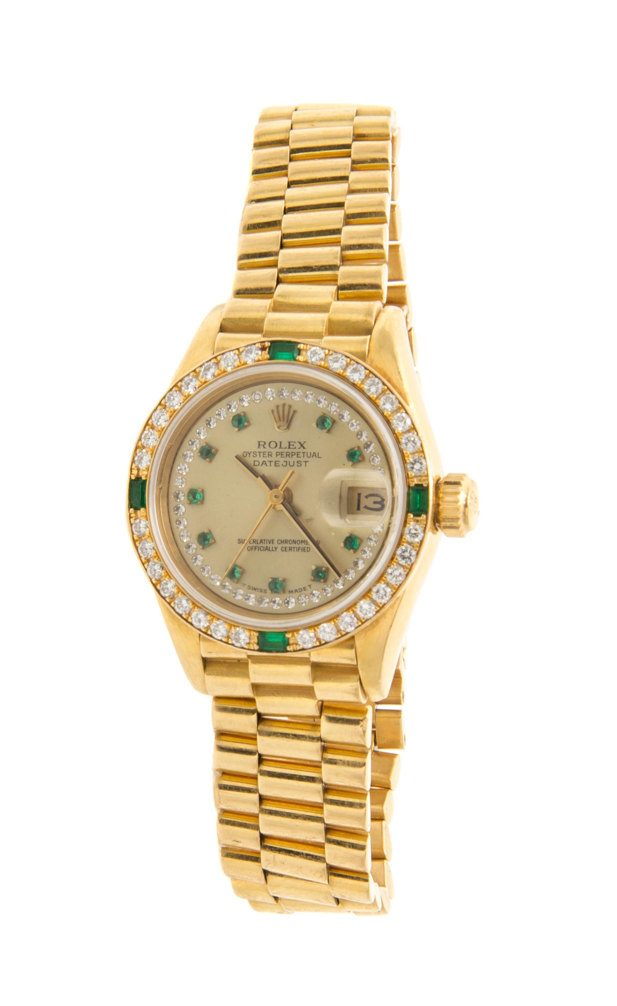 An 18 Karat Yellow Gold, Diamond and Emerald Ref. 69138 Oyster Perpetual Datejust Wristwatch, Rolex,
