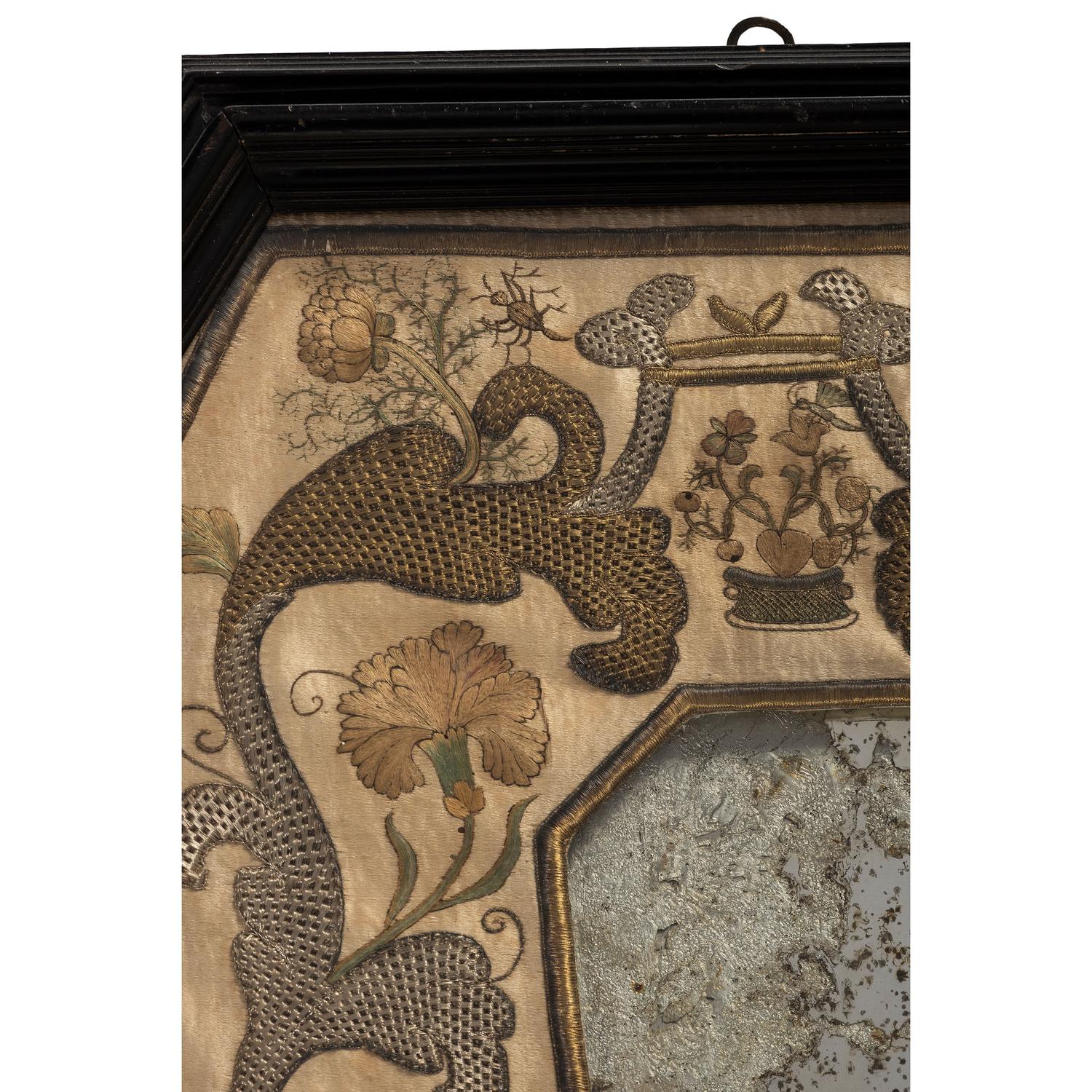 An English Metallic Stumpwork Embroidered Framed Mirror