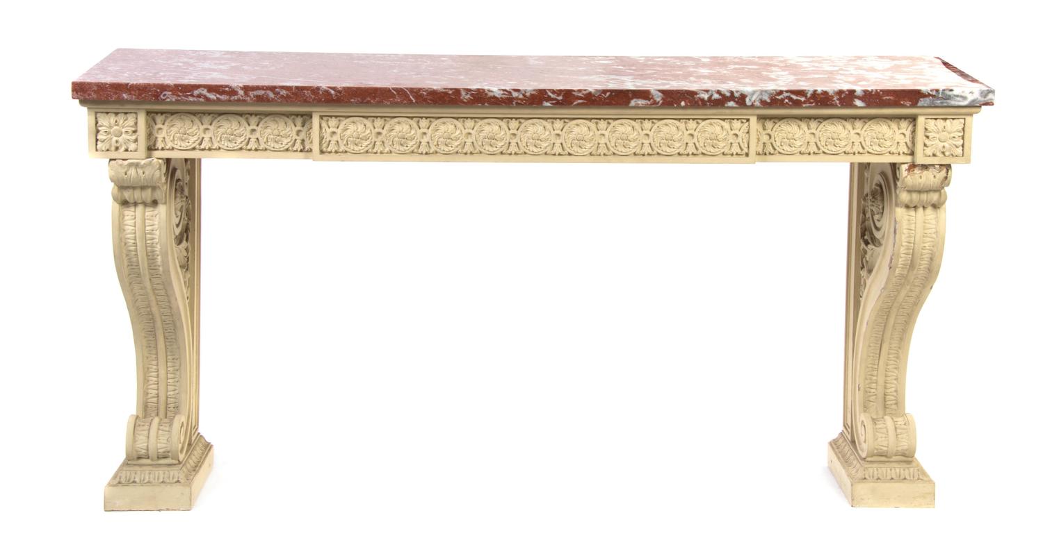 A Neoclassical Painted Console Table, Height 35 1/2 x width 68 x depth 18 3/4 inches.