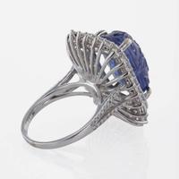 A 14K White Gold, Carved Sapphire, and Diamond Ring Natural Corundum Sapphire
