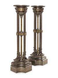 A Pair of Continental Neoclassical Style Gilt Bronze and Polished Steel Pedestals