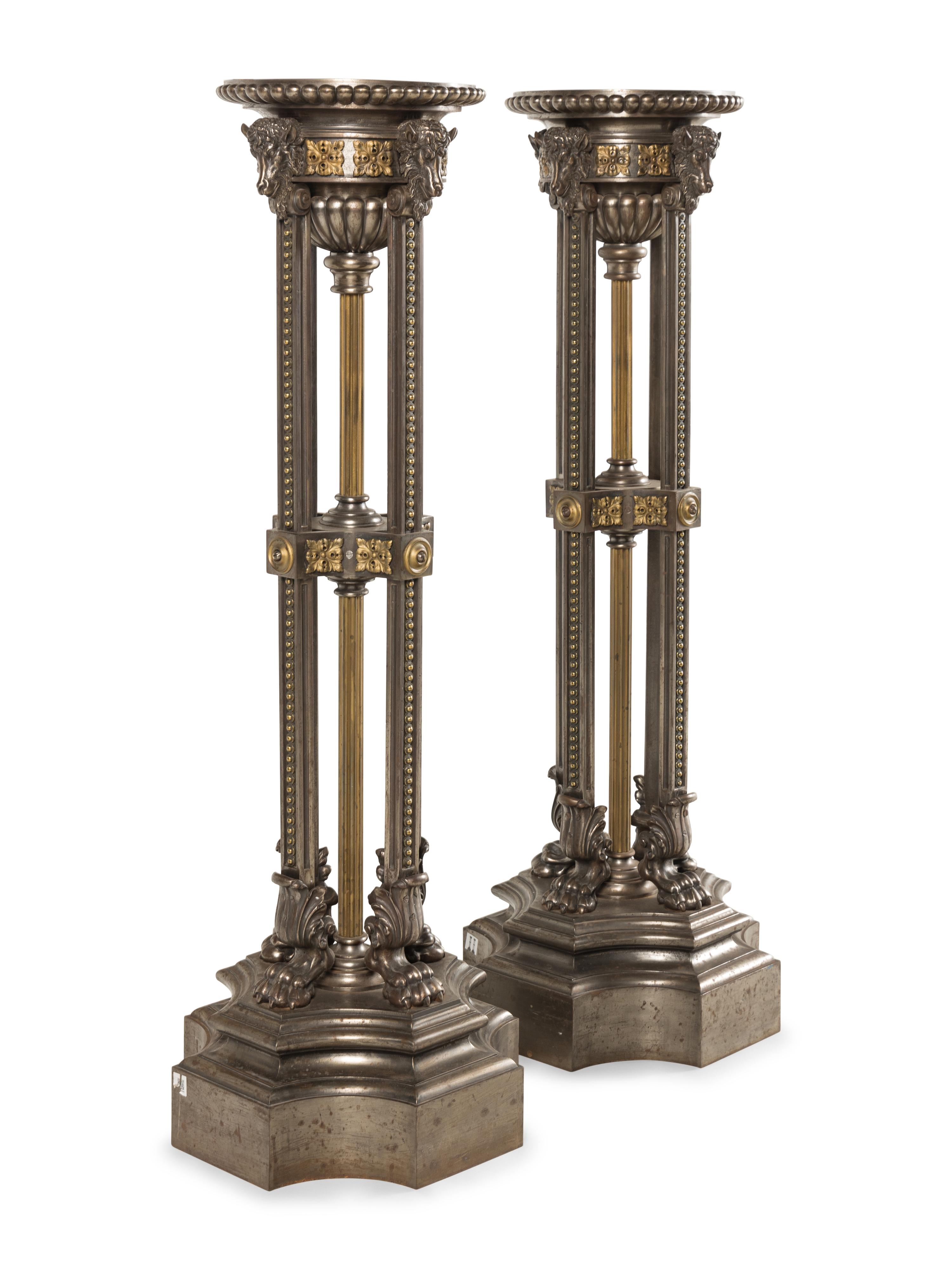 A Pair of Continental Neoclassical Style Gilt Bronze and Polished Steel Pedestals
