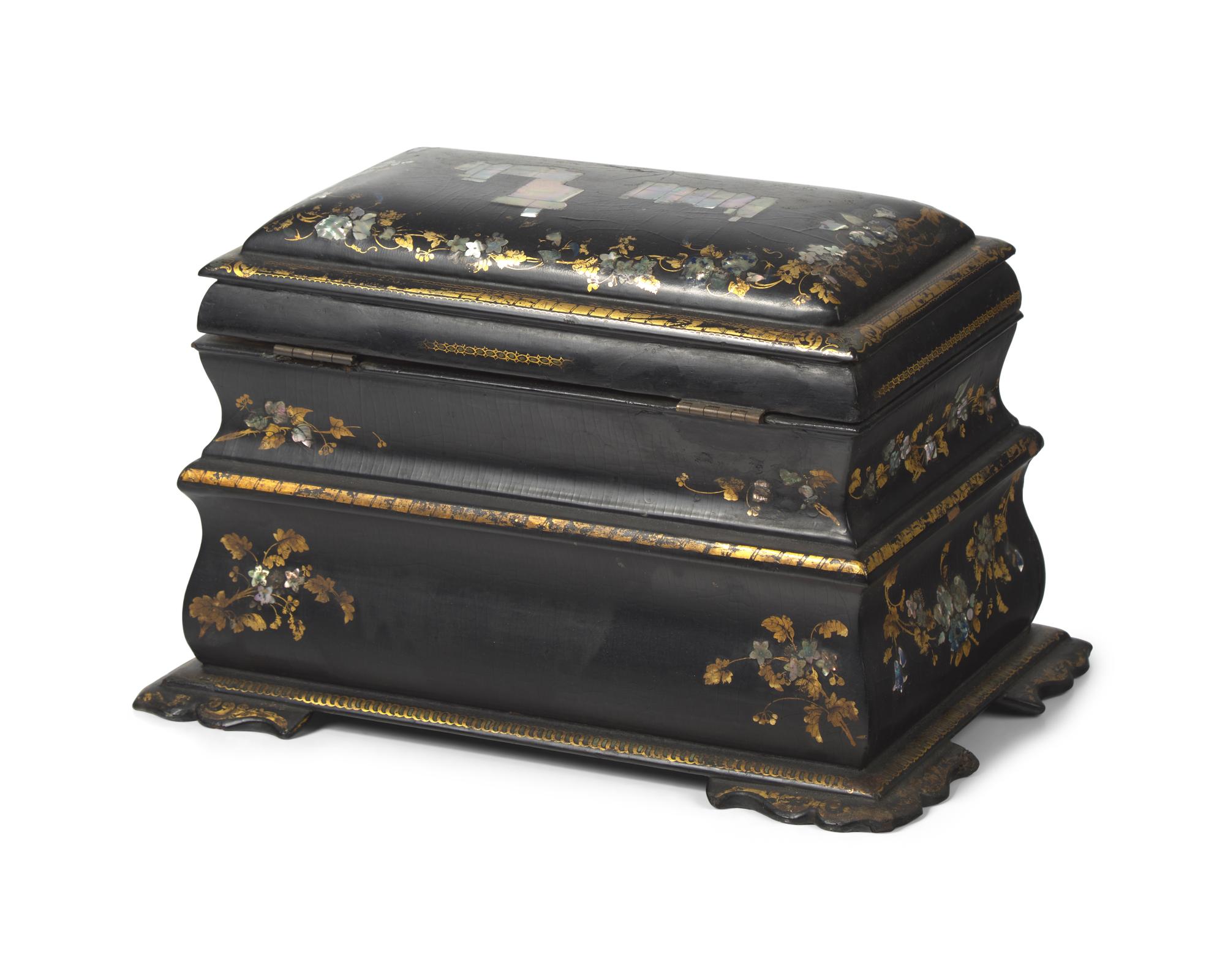 A Victorian Mother-of-Pearl Inlaid and Gilt-Decorated Black Lacquer Tea Caddy