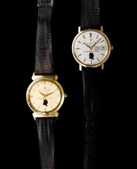 A Pair of Gold Tone Personalized Wristwatches, Omega, 56.50 dwts.