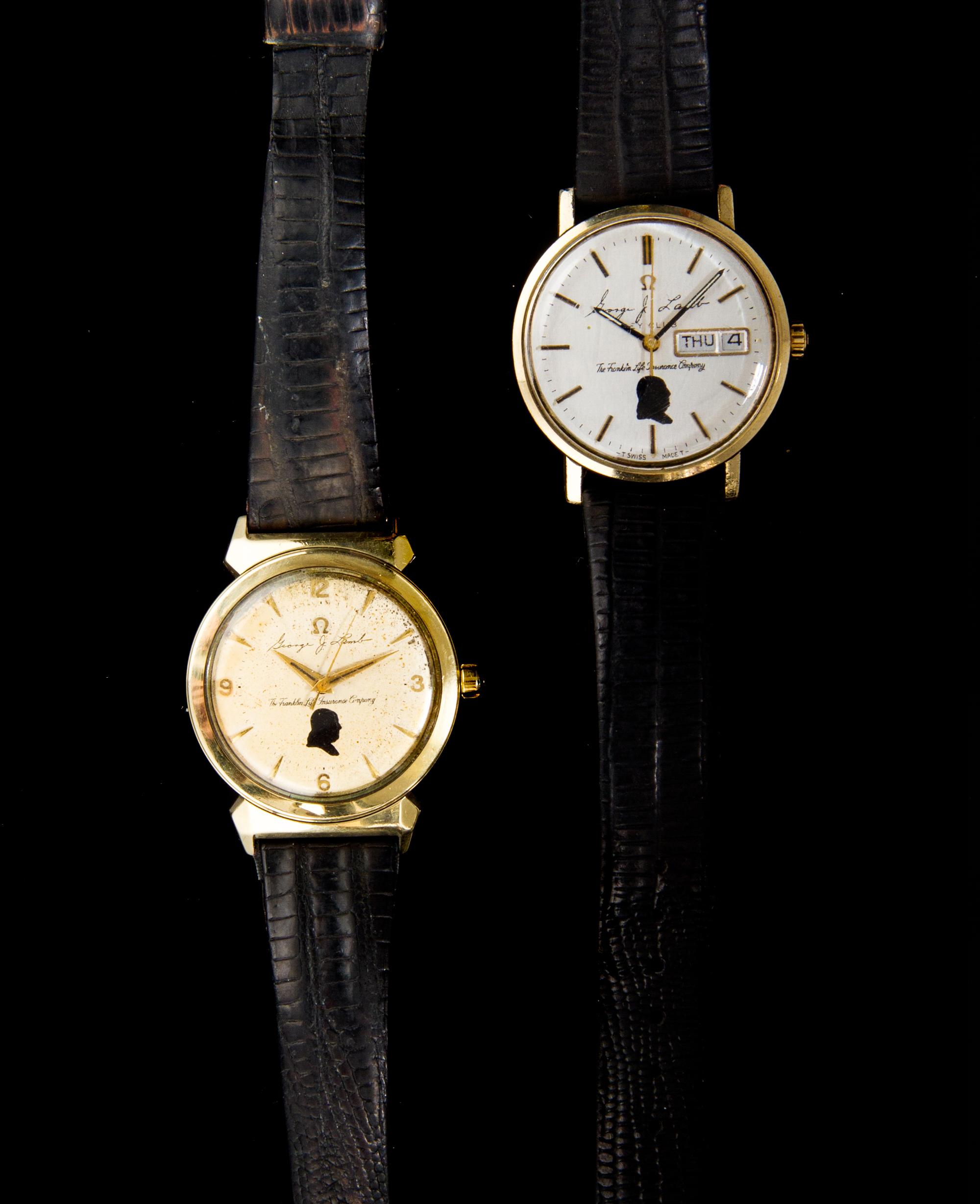 A Pair of Gold Tone Personalized Wristwatches, Omega, 56.50 dwts.