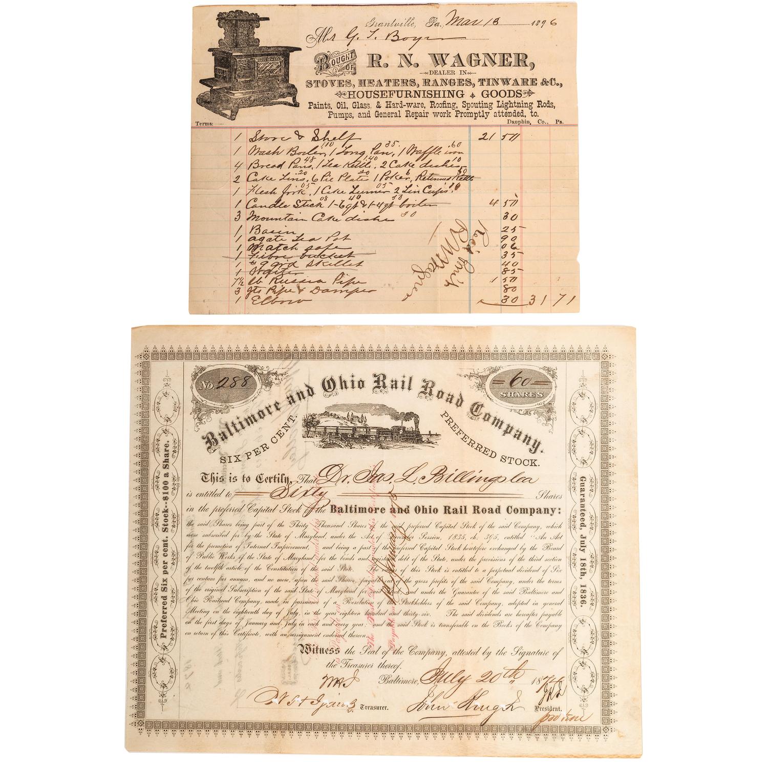 [STOCKS & OTHER FINANCES]. A group of 35 items, including 19th-20th century stock certificates.