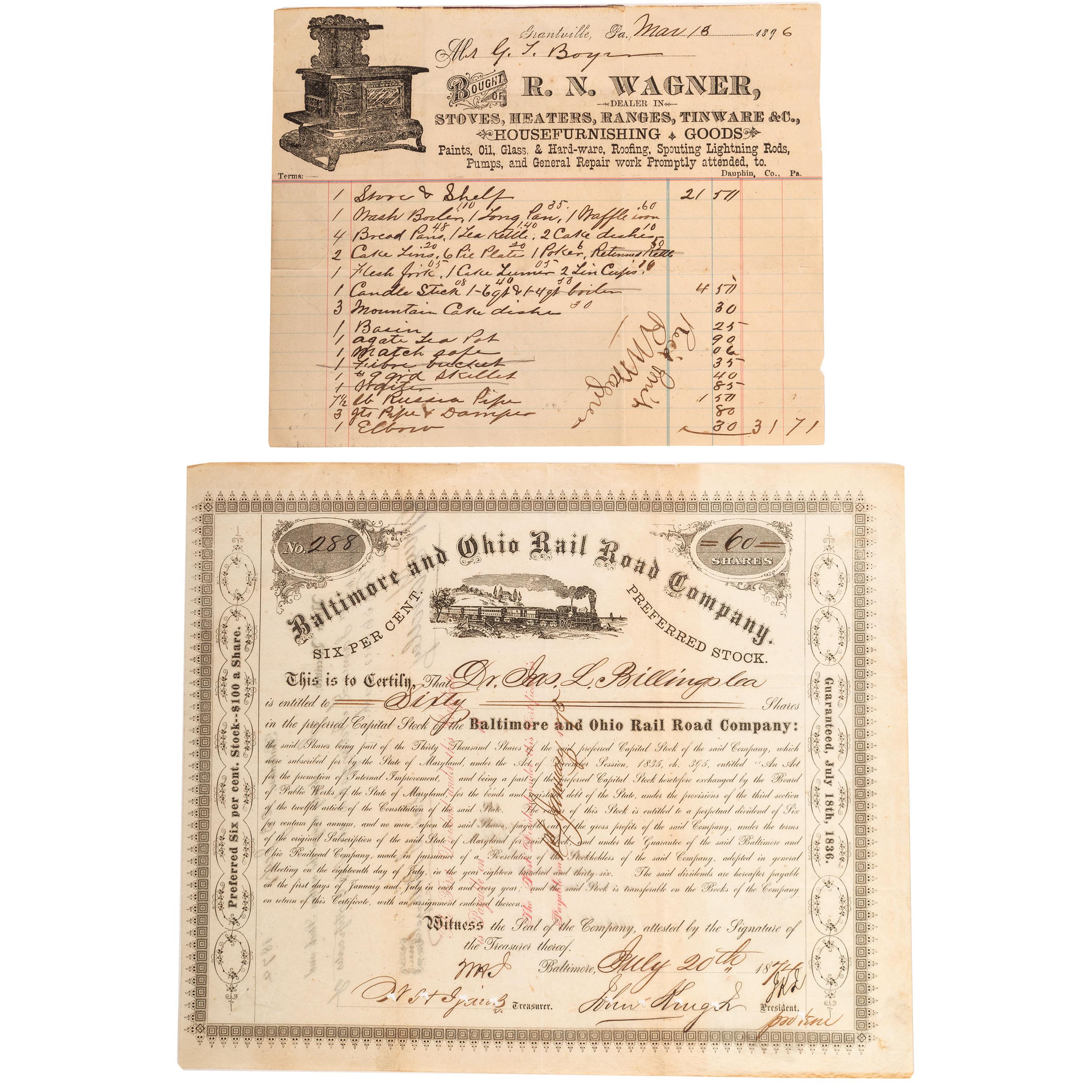 [STOCKS & OTHER FINANCES]. A group of 35 items, including 19th-20th century stock certificates.