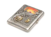 A Russian Silver and En Plein Enameled Cigarette Case, Mark of the 15th Artel, Moscow, Early 20th Century, the lid having a repousse Bo