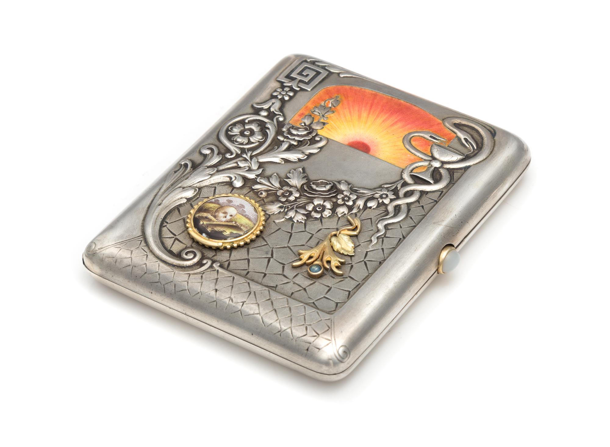A Russian Silver and En Plein Enameled Cigarette Case, Mark of the 15th Artel, Moscow, Early 20th Century, the lid having a repousse Bo