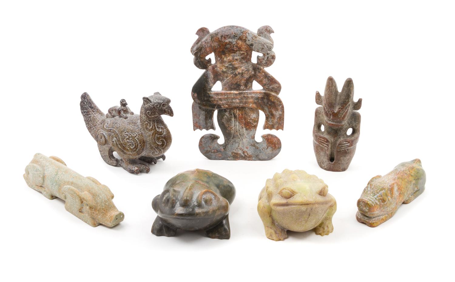 A Group of Seven Archaistic Carved Hardstone Articles Length of largest 10 3/4 x width 7 inches.
